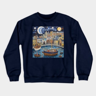 Night at Falmouth Harbour, Cornwall Folk Art Crewneck Sweatshirt